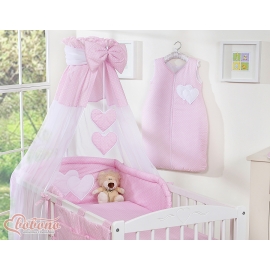 Baby Bed Canopy made of tulle- Hanging Hearts white polka dots on pink