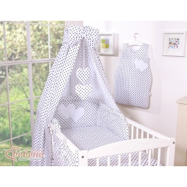 Baby Bedding set 5-pcs- with canopy- Hanging Hearts black dots on white