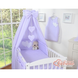 Baby Bedding set 5-pcs- with canopy- Hanging Hearts white polka dots on lilac