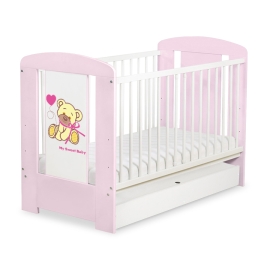 Baby cot bed 120x60cm Tedy Bear with bow pink with drawer STANDARD