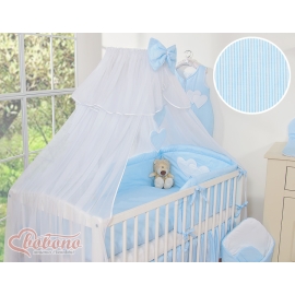 Baby Cot Bed Mosquito-net made of tulle- Hanging Hearts blue stripes