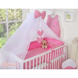 Baby Cot Bed Mosquito-net made of tulle- Hanging Hearts dark pink checkered