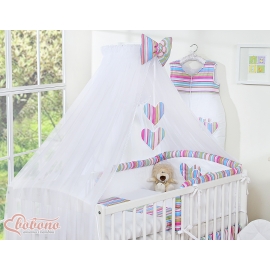 Baby Cot Bed Mosquito-net made of tulle- Hanging Hearts lila stripes