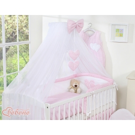 Baby Cot Bed Mosquito-net made of tulle- Hanging Hearts pink checkered
