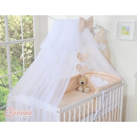 Baby Cot Bed Mosquito-net made of tulle- Hanging Hearts white dots on beige