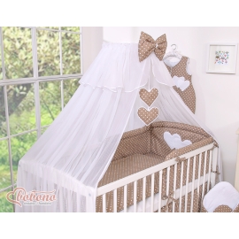 Baby Cot Bed Mosquito-net made of tulle- Hanging Hearts white dots on brown