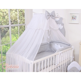 Baby Cot Bed Mosquito-net made of tulle- Hanging Hearts white dots on gray