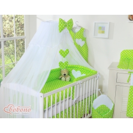 Baby Cot Bed Mosquito-net made of tulle- Hanging Hearts white dots on green