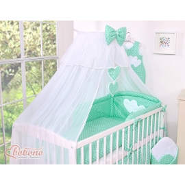 Baby Cot Bed Mosquito-net made of tulle- Hanging Hearts white dots on mint