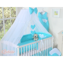 Baby Cot Bed Mosquito-net made of tulle- Hanging Hearts white dots on turquoise