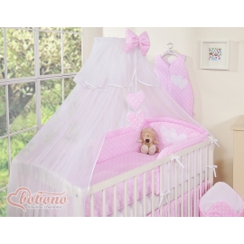 Baby Cot Bed Mosquito-net made of tulle- Hanging Hearts white on pink