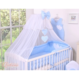 Baby Cot Bed Mosquito-net made of tulle- Hanging Hearts white polka dots on blue
