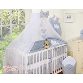 Baby Cot Bed Mosquito-net made of tulle- Hanging Hearts white polka dots on gray