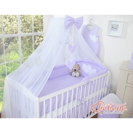 Baby Cot Bed Mosquito-net made of tulle- Hanging Hearts white polka dots on lilac