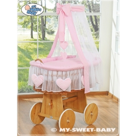 Baby Moses Basket on Wheels  with drapes - Amelie pink