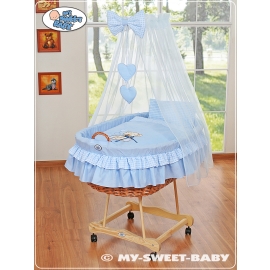 Baby Moses Basket on Wheels / Wicker drape crib- Bear with bow blue