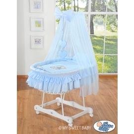 Baby Moses Basket on Wheels / Wicker drape crib- Bear with bow blue