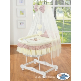 Baby Moses Basket on Wheels / Wicker drape crib- Bear with bow brown