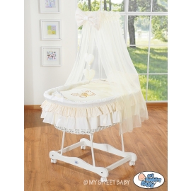 Baby Moses Basket on Wheels / Wicker drape crib- Bear with bow cream