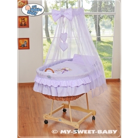 Baby Moses Basket on Wheels / Wicker drape crib- Bear with bow lilac