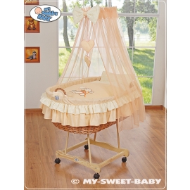 Baby Moses Basket on Wheels / Wicker drape crib- Bear with bow peach