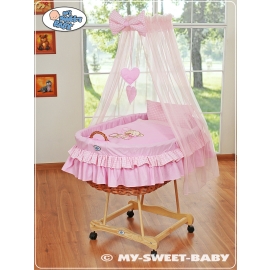 Baby Moses Basket on Wheels / Wicker drape crib- Bear with bow pink