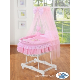 Baby Moses Basket on Wheels / Wicker drape crib- Bear with bow pink