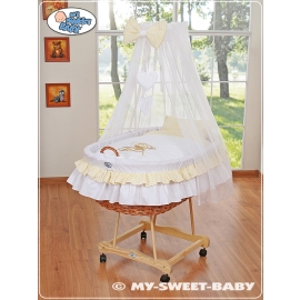 Baby Moses Basket on Wheels / Wicker drape crib- Bear with bow white