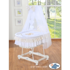 Baby Moses Basket on Wheels / Wicker drape crib- Bear with bow white