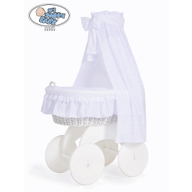 Baby Moses Basket on Wheels / Wicker drape crib Charlotte White Embroidered Bedding Set no 70202White Bedding Set