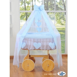Baby Moses Basket on Wheels / Wicker drape crib Deluxe- Amelie blue