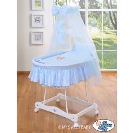 Baby Moses Basket on Wheels / Wicker drape crib- Good night blue