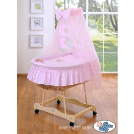 Baby Moses Basket on Wheels / Wicker drape crib- Good night pink