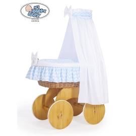 Baby Moses Basket on Wheels / Wicker drape crib Hannah - White cover with blue chevron