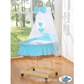 Baby Moses Basket on Wheels / Wicker drape crib- Owls turquoise
