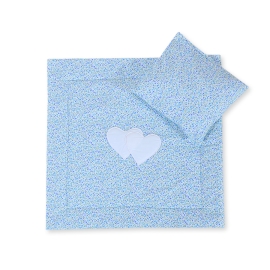 Baby pram bedding set 2pcs- Hanging hearts blue flowers