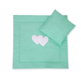 Baby pram bedding set 2pcs- Hanging hearts white dots on mint