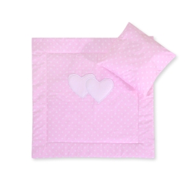 Baby pram bedding set 2pcs- Hanging hearts white dots on pink