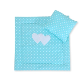 Baby pram bedding set 2pcs- Hanging hearts white dots on turquoise