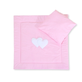 Baby pram bedding set 2pcs- Hanging hearts white polka dots on pink