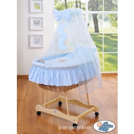 Baby Wooden Basket on Wheels / Wicker drape crib- Good night blue