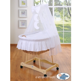 Baby Wooden Basket on Wheels / Wicker drape crib- Good night white