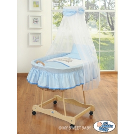 Baby Wooden Basket on Wheels / Wicker drape crib- Teddy Bear Barnaba blue