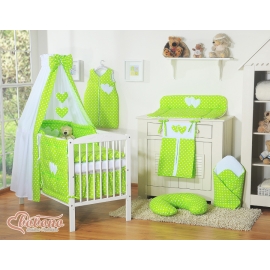 Bedding set 11-pcs with canopy and Holder - Hanging Hearts white dots on green