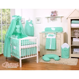 Bedding set 11-pcs with canopy- Hanging Hearts white dots on mint