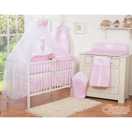 Bedding set 11-pcs with mosquito-net- Hanging Hearts white polka dots on pink