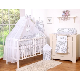 Bedding set 5-pcs bumper cases mosquito-net- Hanging Hearts black dots on white