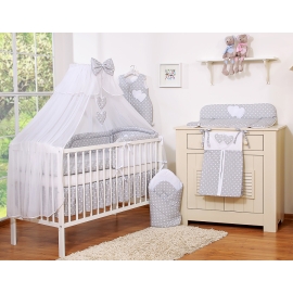 Bedding set 5-pcs bumper cases mosquito-net- Hanging Hearts white dots on Gray