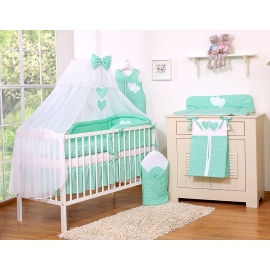 Bedding set 5-pcs bumper cases mosquito-net- Hanging Hearts white dots on mint