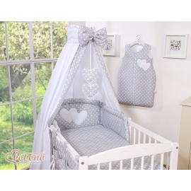 Bedding set 5-pcs- Hanging Hearts white dots on Gray